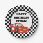 黒と白の市松模様の赤いレースカーの誕生日パーティー ペーパープレート (正面)