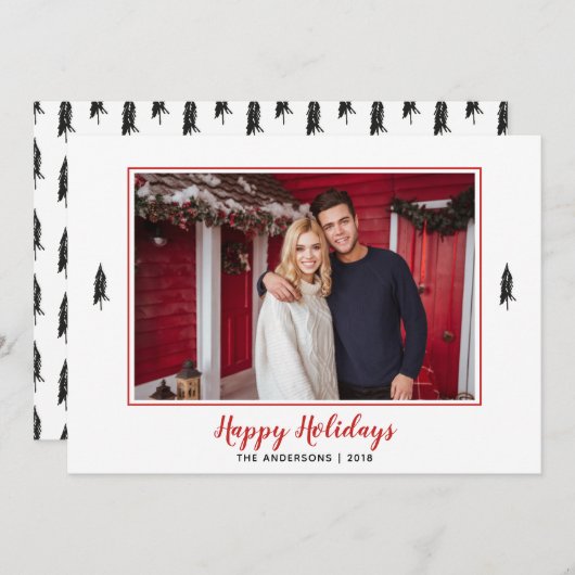 黒と白の常緑樹フォトクリスマスツリー シーズンカード (正面/裏面)