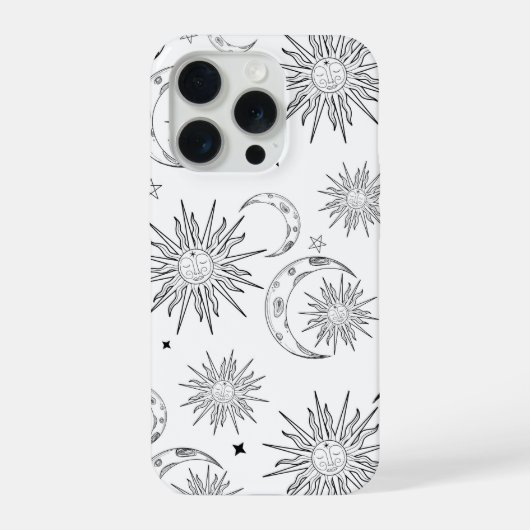 黒と白の幻想的な太陽 月 星 iPhoneケース (裏面)