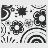 黒と白の幻想的な花と円とスプラッター ラッピングペーパー (フラット)