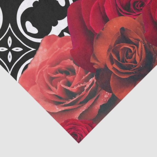 黒と白の幾何学模様の上の赤いバラ 薄葉紙 (詳細)