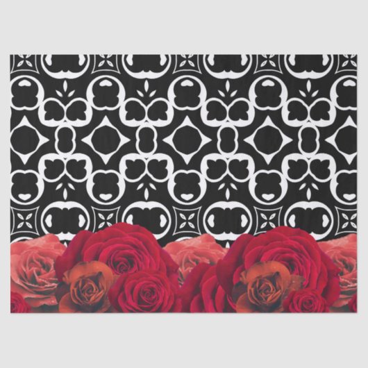 黒と白の幾何学模様の上の赤いバラ 薄葉紙 (正面)