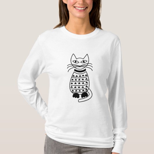 黒と白の幾何学模様の猫 Tシャツ (正面)