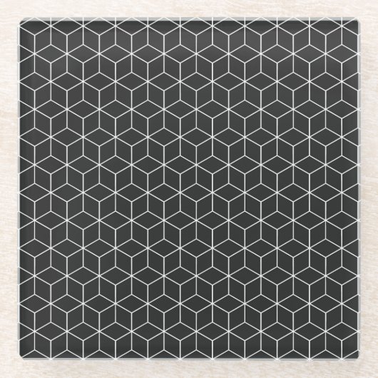 黒と白の幾何学的な立方体パターン ガラスコースター (正面)