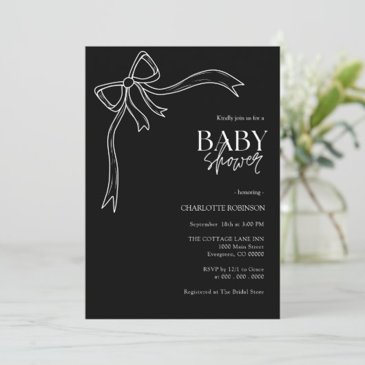 黒と白の弓の赤ちゃんシャワー 招待状 (スタンド正面)