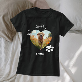 黒と白の愛犬の写真ハート Tシャツ