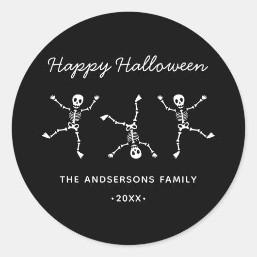 黒と白の手描きスケルトン ハッピーハロウィン ラウンドシール (正面)