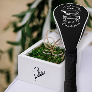 黒と白の手描き結婚式の車のJust Married ゴルフヘッドカバー