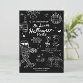 黒と白の手描き落書き ハロウィンパーティー 招待状 (スタンド正面)