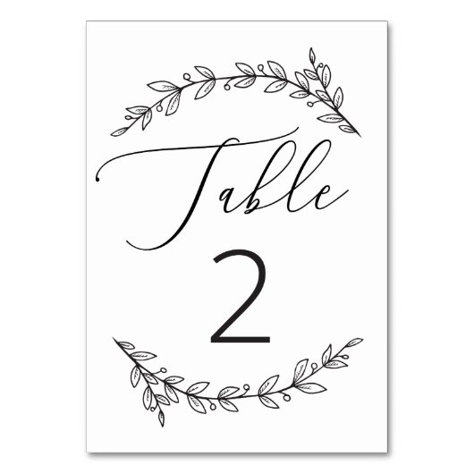 黒と白の手書き風なラスティックフラワーの結婚式 テーブルナンバー (正面)