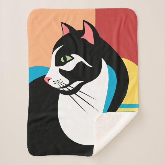 黒と白の抽象的な猫 シェルパブランケット (正面)