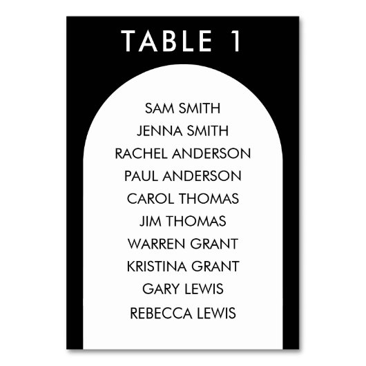 黒と白の曲線アーチ結婚の座席表 テーブルナンバー (正面)
