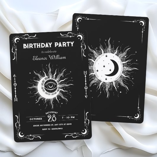 黒と白の月と太陽タロットセレストियल 誕生日 招待状