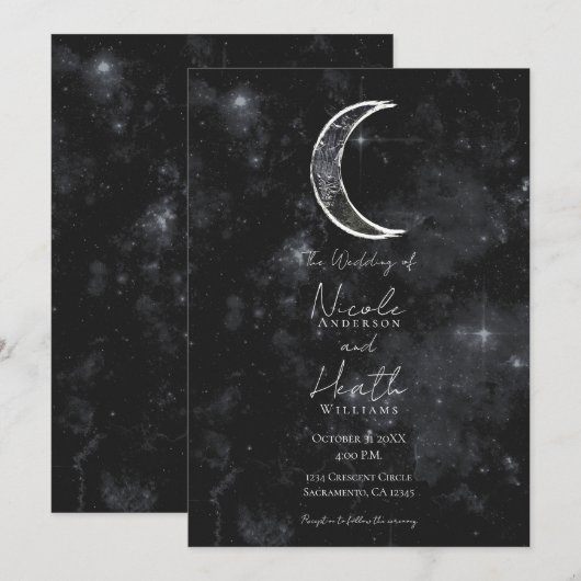 黒と白の月 天体 夜 空の星 結婚式 招待状 (正面/裏面)