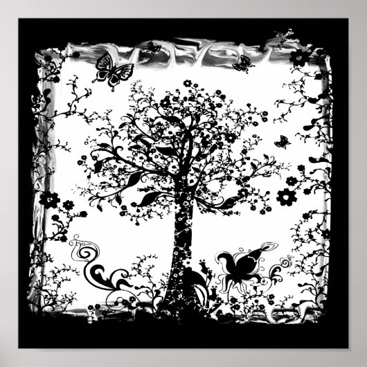黒と白の木の蝶シルエット ポスター (正面)