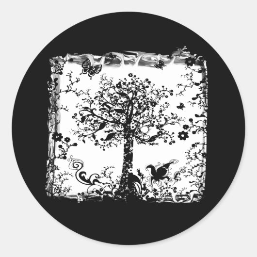 黒と白の木の蝶シルエット ラウンドシール (正面)