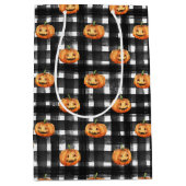 黒と白の格子付きオレンジカボチャ ミディアムペーパーバッグ (正面)