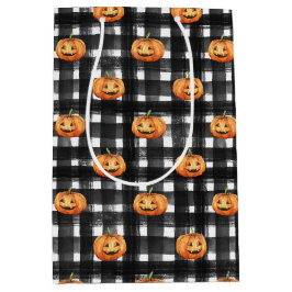 黒と白の格子付きオレンジカボチャ ミディアムペーパーバッグ