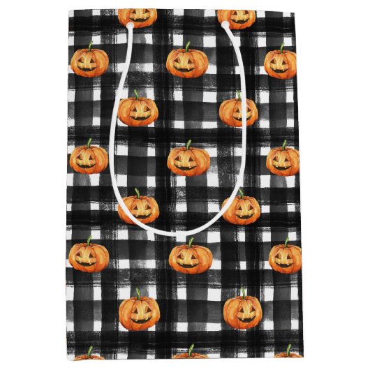 黒と白の格子付きオレンジカボチャ ミディアムペーパーバッグ (正面)
