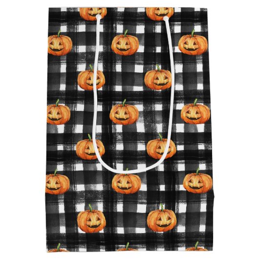 黒と白の格子付きオレンジカボチャ ミディアムペーパーバッグ (裏面)