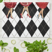 黒と白の格子模様の上に赤い果実の漫画の女性 キッチンタオル (折り畳み)