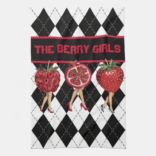 黒と白の格子模様の上に赤い果実の漫画の女性 キッチンタオル (縦)