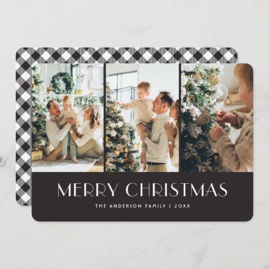 黒と白の格子縞の写真コラージュクリスマスカード シーズンカード (正面/裏面)
