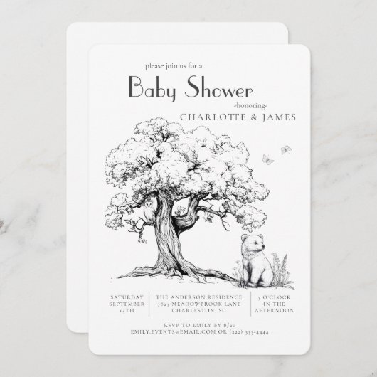 黒と白の森のクマ赤ちゃんシャワー招待状 招待状 (正面/裏面)