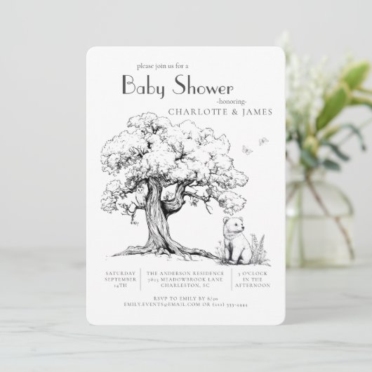 黒と白の森のクマ赤ちゃんシャワー招待状 招待状 (スタンド正面)