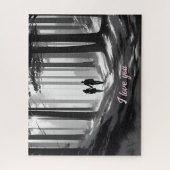 黒と白の森の小道を歩くカップル ジグソーパズル (縦)
