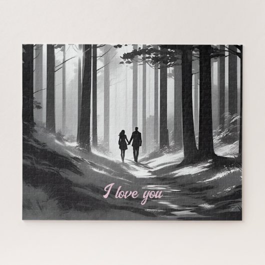 黒と白の森の小道を歩くカップル ジグソーパズル (横)