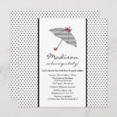 黒と白の水玉模様傘のベビーシャワー 招待状 (正面/裏面)