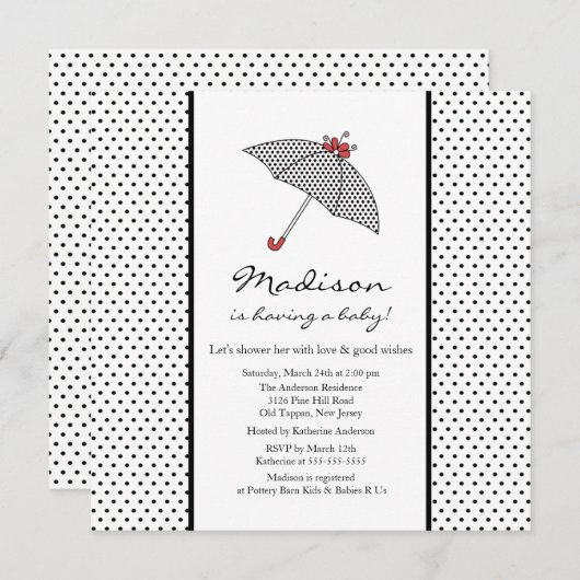 黒と白の水玉模様傘のベビーシャワー 招待状 (正面/裏面)