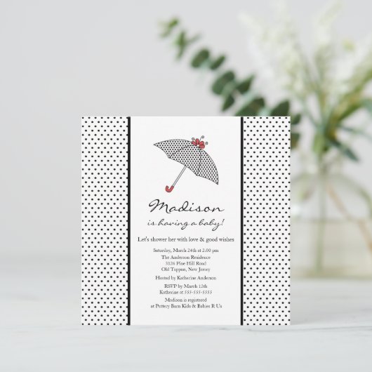 黒と白の水玉模様傘のベビーシャワー 招待状 (スタンド正面)