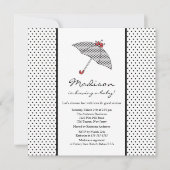 黒と白の水玉模様傘のベビーシャワー 招待状 (正面)