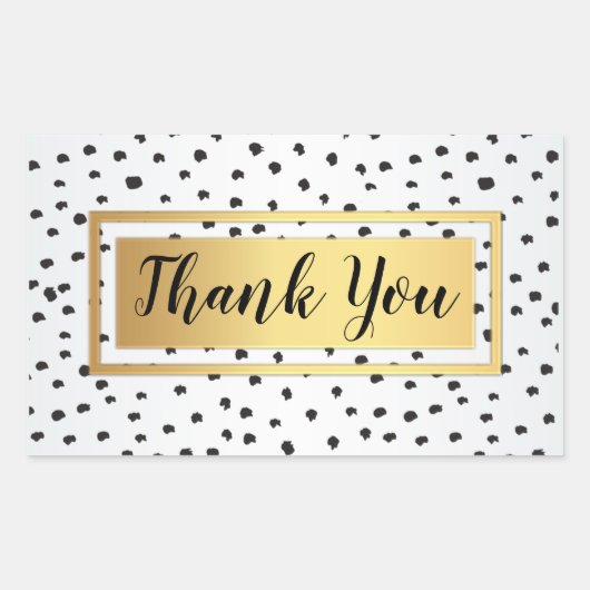 黒と白の水玉模様、金のフレーム ありがとうございます 長方形シール (正面)