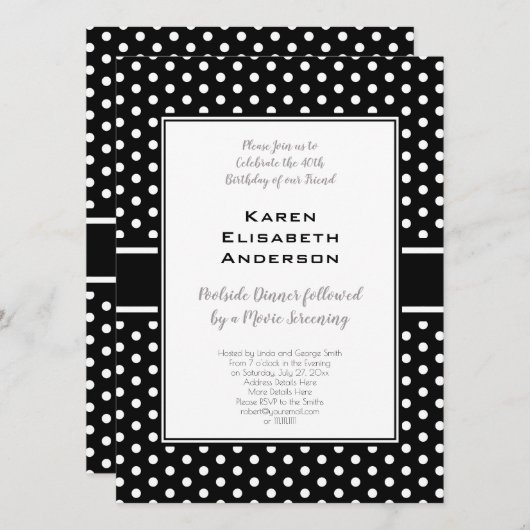 黒と白の水玉40歳の誕生日パーティー 招待状 (正面/裏面)