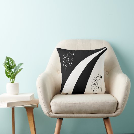 黒と白の波に乗った馬のシルエット抽象芸術 クッション (椅子)