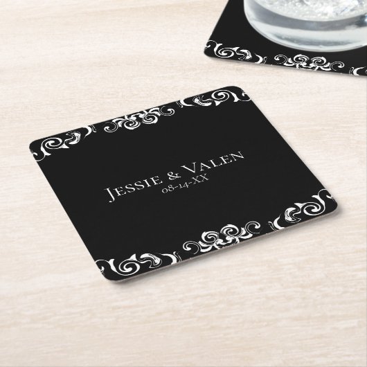 黒と白の渦巻きゴシッ結婚クス スクエアペーパーコースター (アングル)