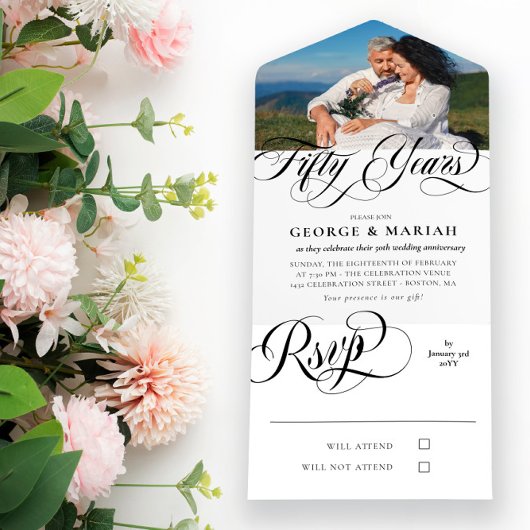 黒と白の渦巻き写真 50周年記念結婚式 オールインワン招待状