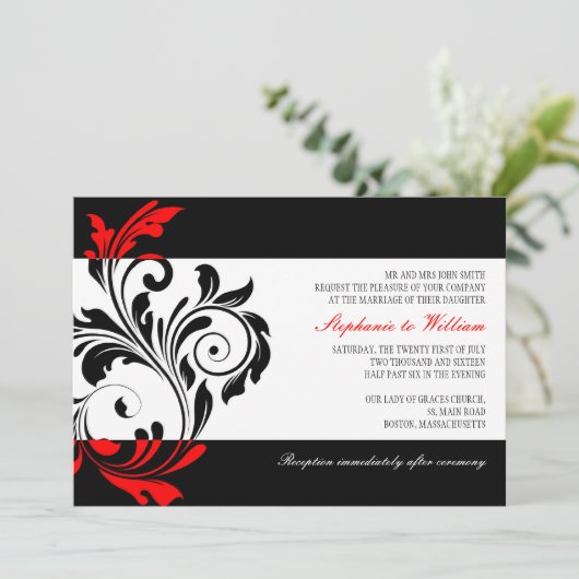 黒と白の渦巻き結婚式招待状（赤） 招待状 (スタンド正面)