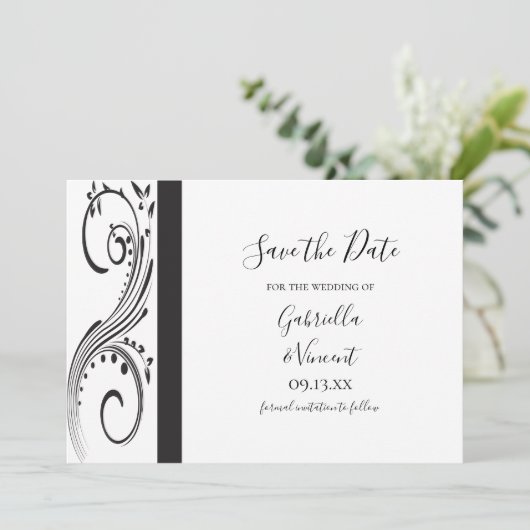 黒と白の渦巻き結婚式日付を保存 招待状 (スタンド正面)