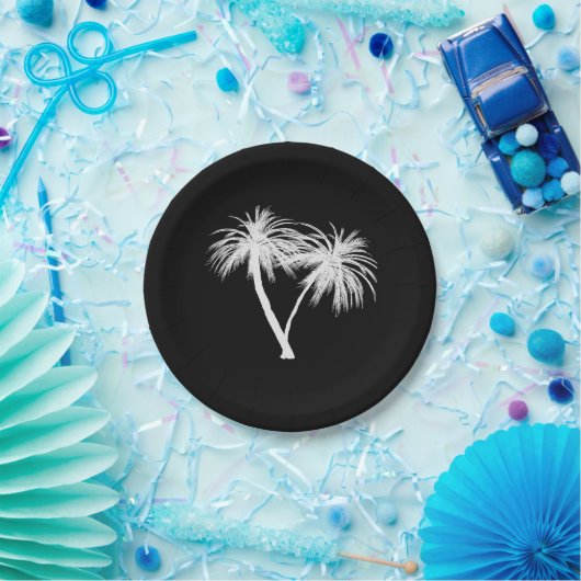 黒と白の熱帯のヤシのモダン木結婚の ペーパープレート (パーティー)