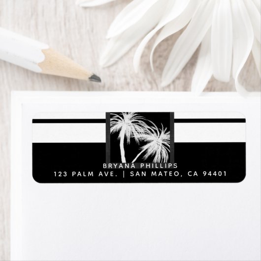 黒と白の熱帯のヤシのモダン木結婚の ラベル (インサイチュ)