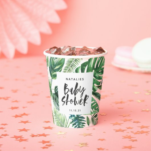黒と白の熱帯の葉の赤ちゃんシャワー 紙コップ (インサイチュ)