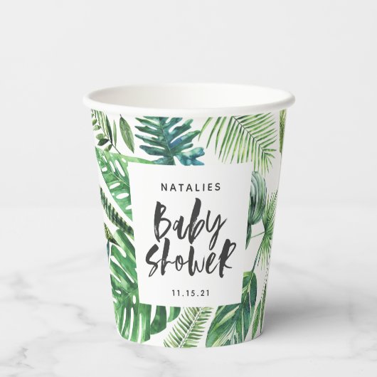 黒と白の熱帯の葉の赤ちゃんシャワー 紙コップ (裏面)