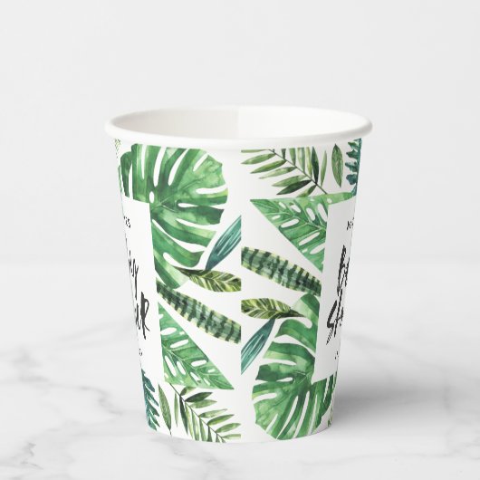 黒と白の熱帯の葉の赤ちゃんシャワー 紙コップ (左)