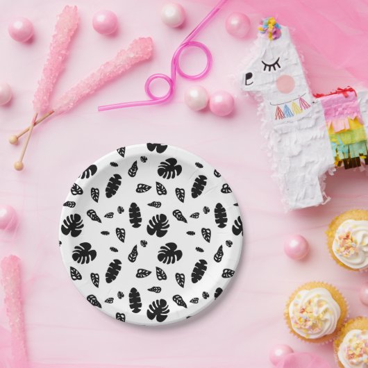 黒と白の熱帯夏離れのパターン ペーパープレート (パーティー)