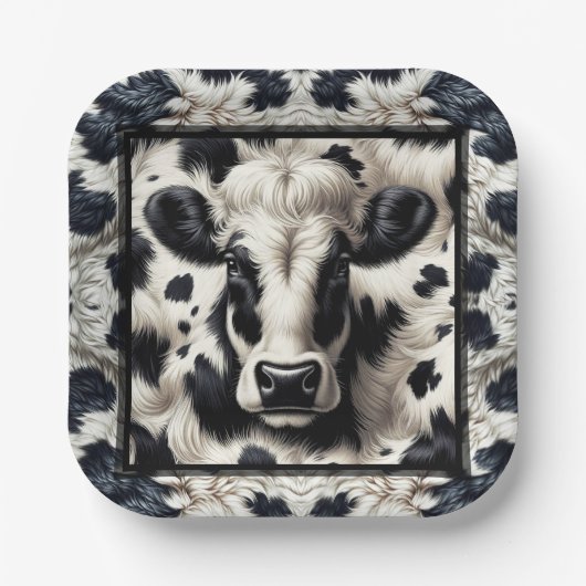 黒と白の牛のスポットファーリーコウィド誕生日 ペーパープレート (正面)