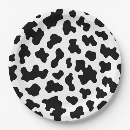 黒と白の牛の皮のプリントの誕生日パーティー ペーパープレート (正面)